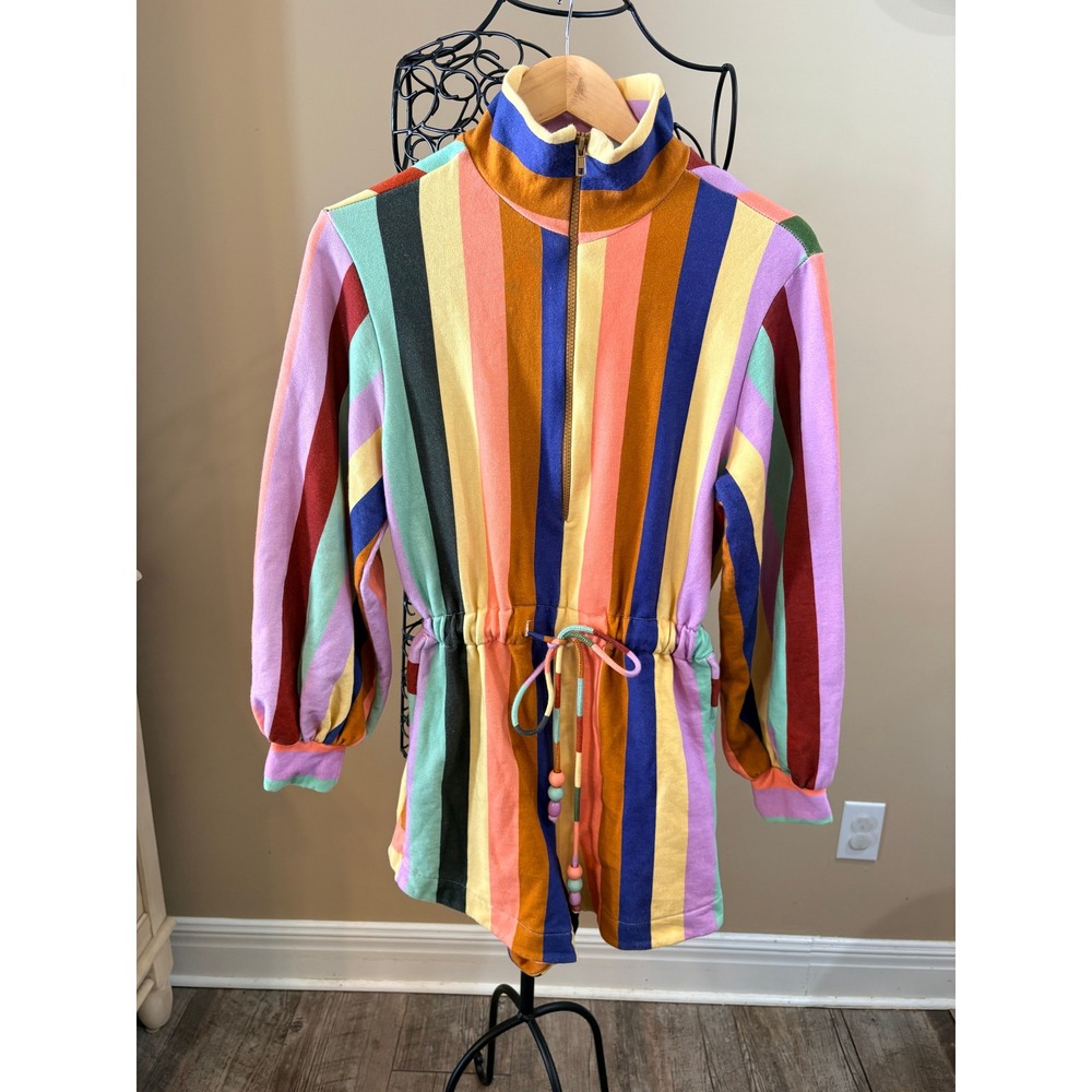 FARM Rio Colorful Striped Terry Cloth Bell Sleeve Scuba Neck Romper M